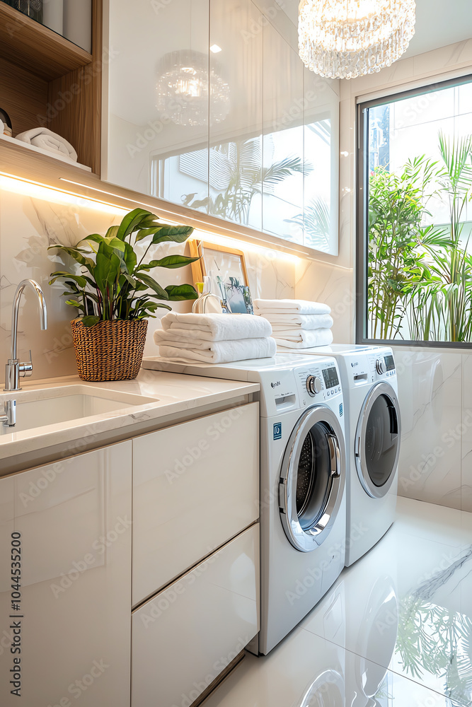Elegant and functional laundry room design with modern appliances and lush greenery Elegant and functional laundry room design with modern appliances and lush greenery