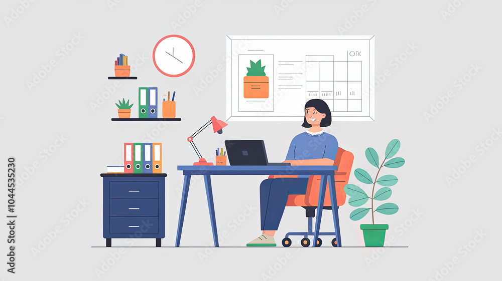woman is working at minimalistic office desk with laptop, surrounded by plants and organized stationery. workspace is bright and inviting, promoting productivity and creativity woman is working at minimalistic office desk with laptop, surrounded by plants and organized stationery. workspace is bright and inviting, promoting productivity and creativity