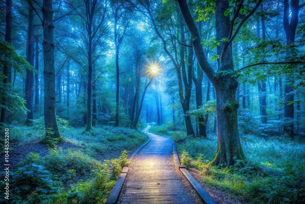 Fototapeta premium Serene forest path illuminated by blue light, tranquil atmosphere