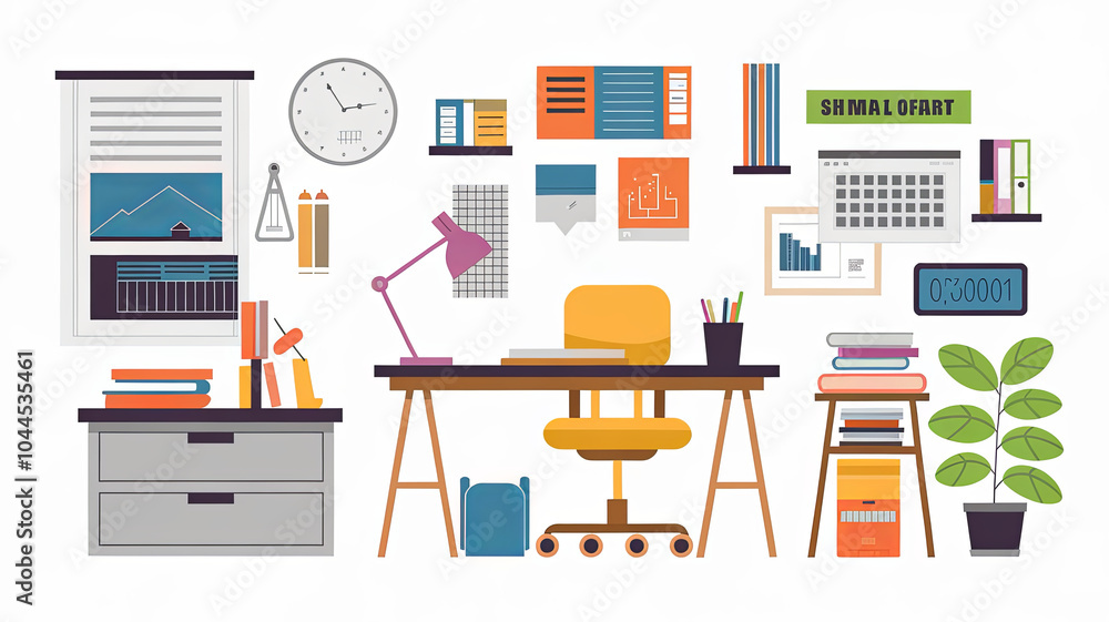 modern minimal office setup featuring desk, chair, and various office supplies. scene includes plant, books, and wall decorations, creating organized and inspiring workspace modern minimal office setup featuring desk, chair, and various office supplies. scene includes plant, books, and wall decorations, creating organized and inspiring workspace