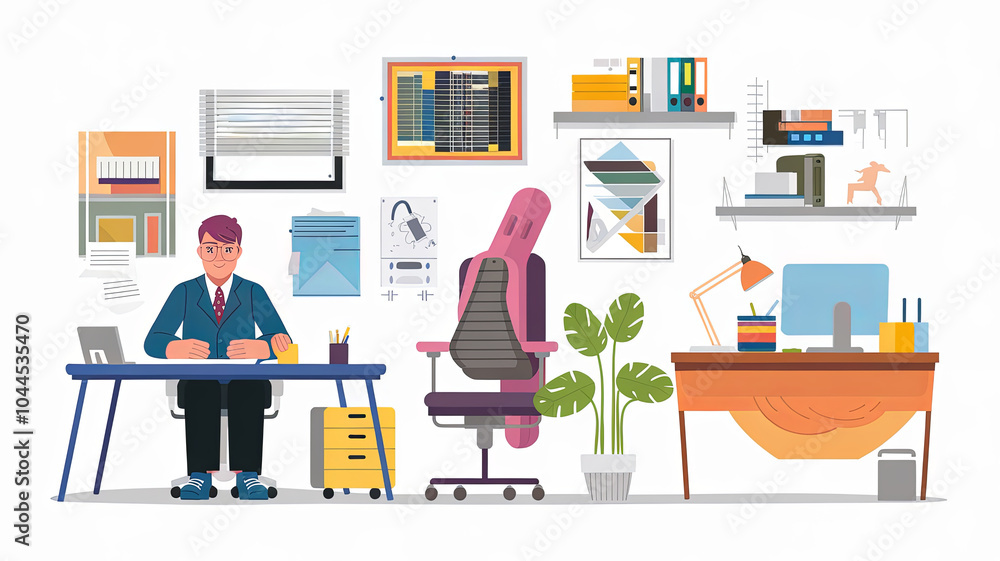 modern office scene featuring man sitting at desk, surrounded by stylish furniture and decor. workspace includes plants, shelves, and various office supplies, creating productive atmosphere modern office scene featuring man sitting at desk, surrounded by stylish furniture and decor. workspace includes plants, shelves, and various office supplies, creating productive atmosphere