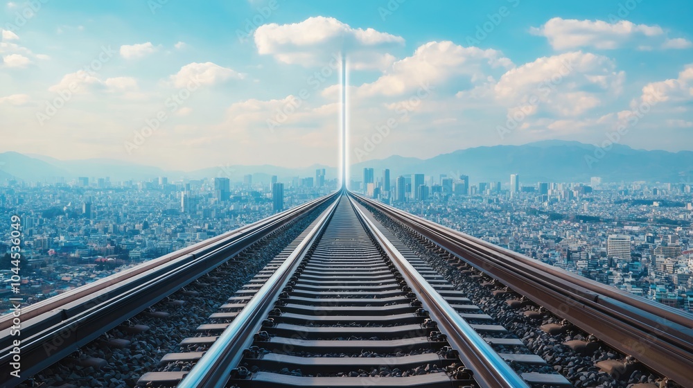 Fototapeta premium A mesmerizing view of railway tracks extending towards a city skyline under a vibrant sky, symbolizing a journey or exploration.