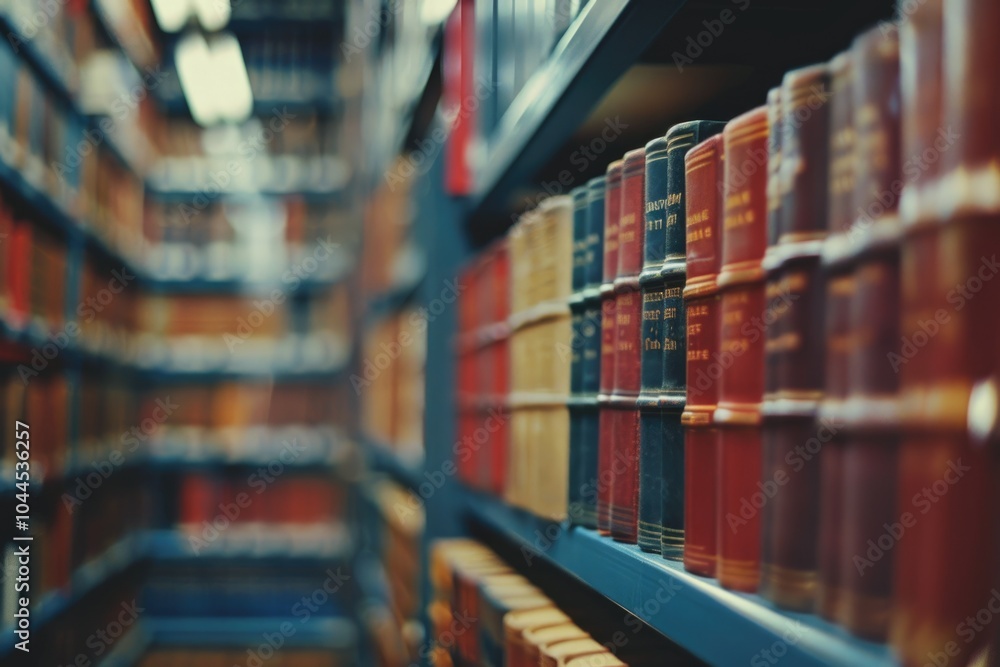 Blurry background of books on library bookshelf.