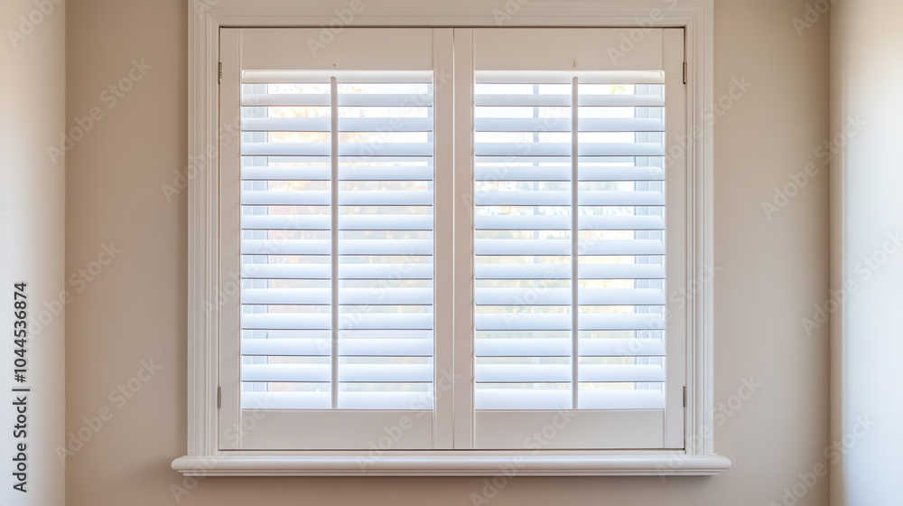 Fototapeta premium A modern window with white wooden shutters on a clean wall, bringing light into a minimalist room, showcasing contemporary design elements.