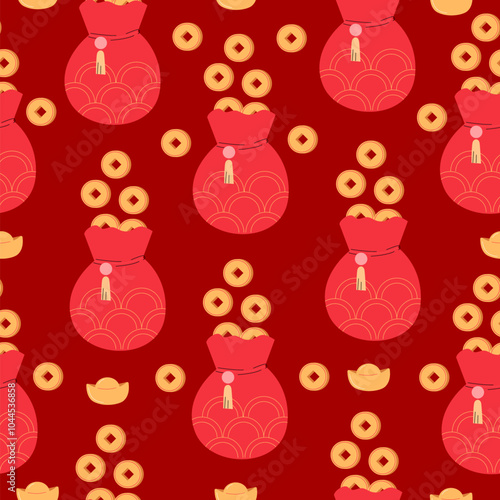Yuan Coins in the red money bag. Seamless pattern for Chinese New Year. Symbol of wealth and prosperity. Chinese coin with a square hole and Yuanbao on red background.