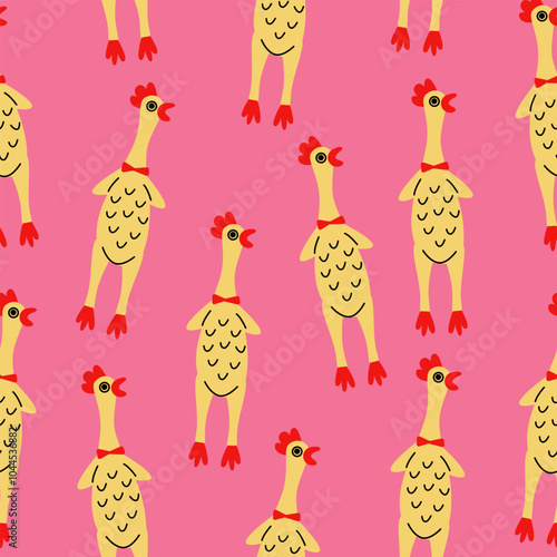 Rubber chicken seamless pattern. Funny dog toys on pink background.