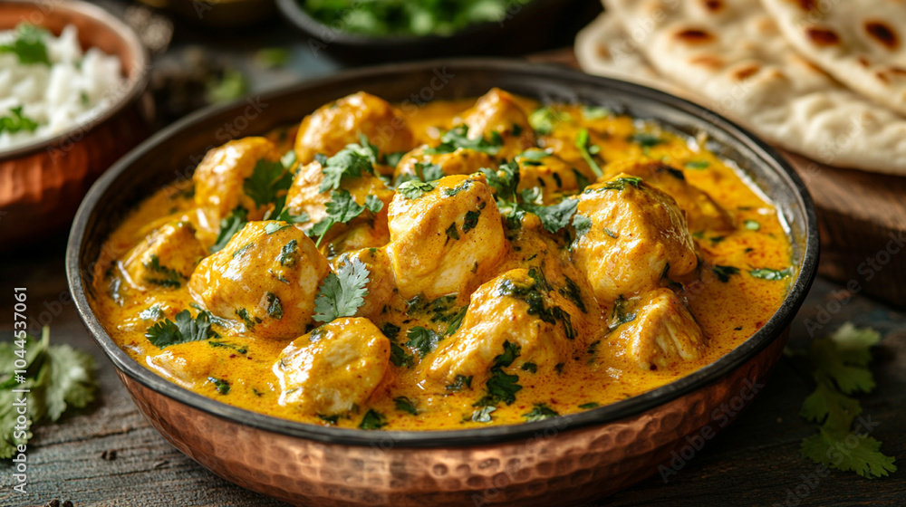Indian butter chicken with naan bread, vibrant orange curry in a traditional copper bowl Indian butter chicken with naan bread, vibrant orange curry in a traditional copper bowl
