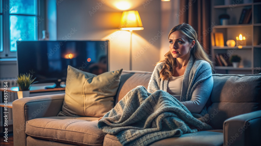 Woman sitting on sofa covered in blanket watching TV at night. Woman sitting on sofa covered in blanket watching TV at night.