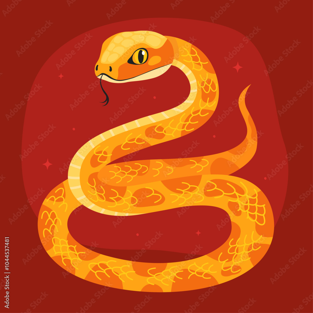 Cute yellow snake on a red background. New Year of the Snake, Lunar New Year or Chinese New Year. Animal zodiac cartoon character, mascot, symbol of the year. Illustration for greeting card. Cute yellow snake on a red background. New Year of the Snake, Lunar New Year or Chinese New Year. Animal zodiac cartoon character, mascot, symbol of the year. Illustration for greeting card.