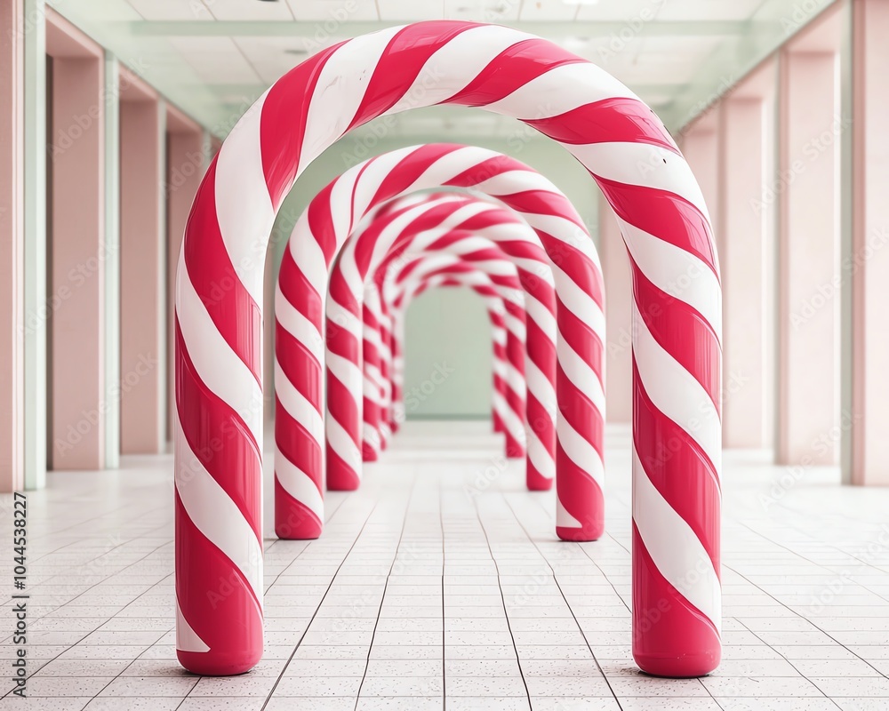 Fototapeta premium A whimsical hall lined with oversized candy cane arches against a pastel backdrop, creating a playful and festive ambiance.