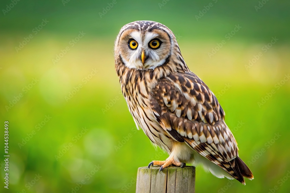 Short eared owl perched on post in field Short eared owl perched on post in field