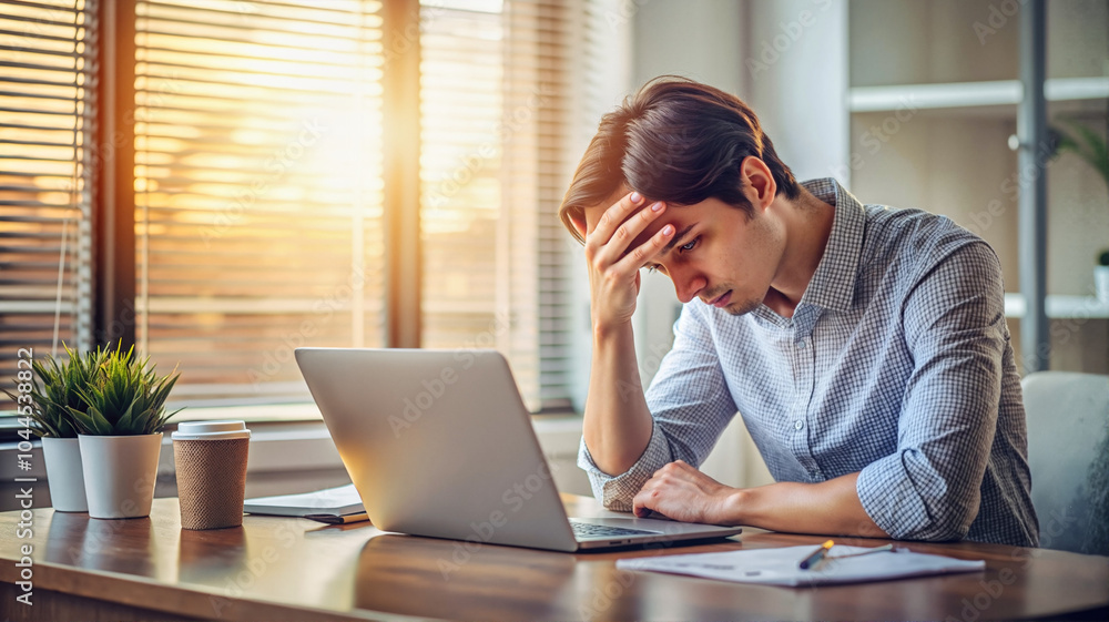 Stressed man working at laptop in bright home office. Stressed man working at laptop in bright home office.