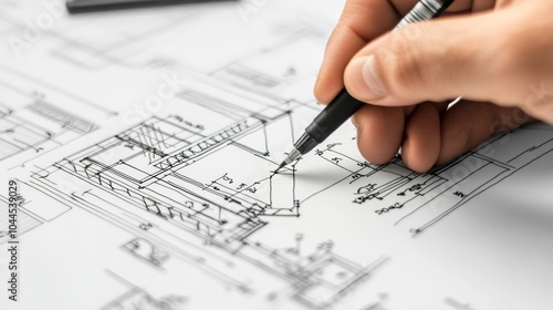 Detailed view of an architectural plan, with a designer working on a residential project, focusing on the planning and precision involved.