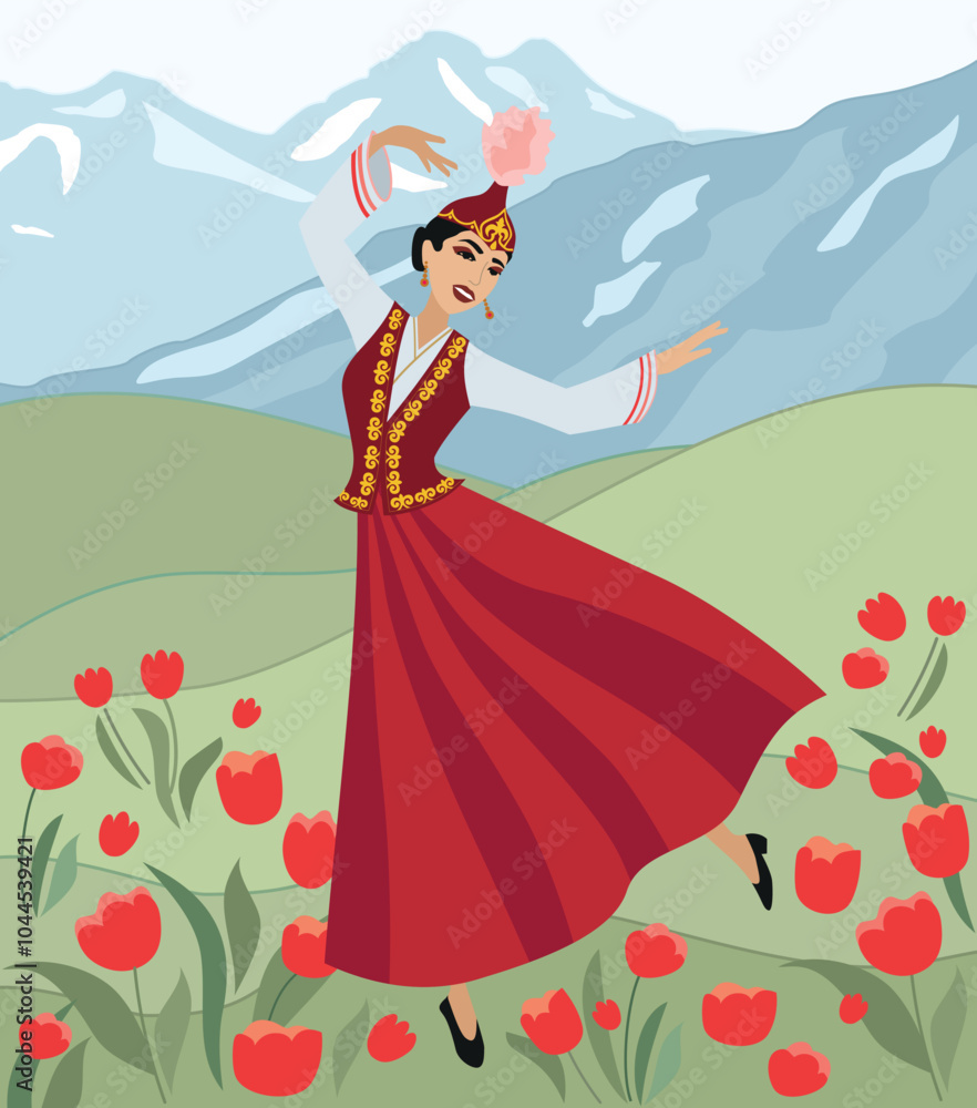 A vector image. Steppe landscape, flowers, tulips, in the background a beautiful mountain landscape, in the foreground a beautiful young Kazakh girl dancing in a Kazakh national costume
