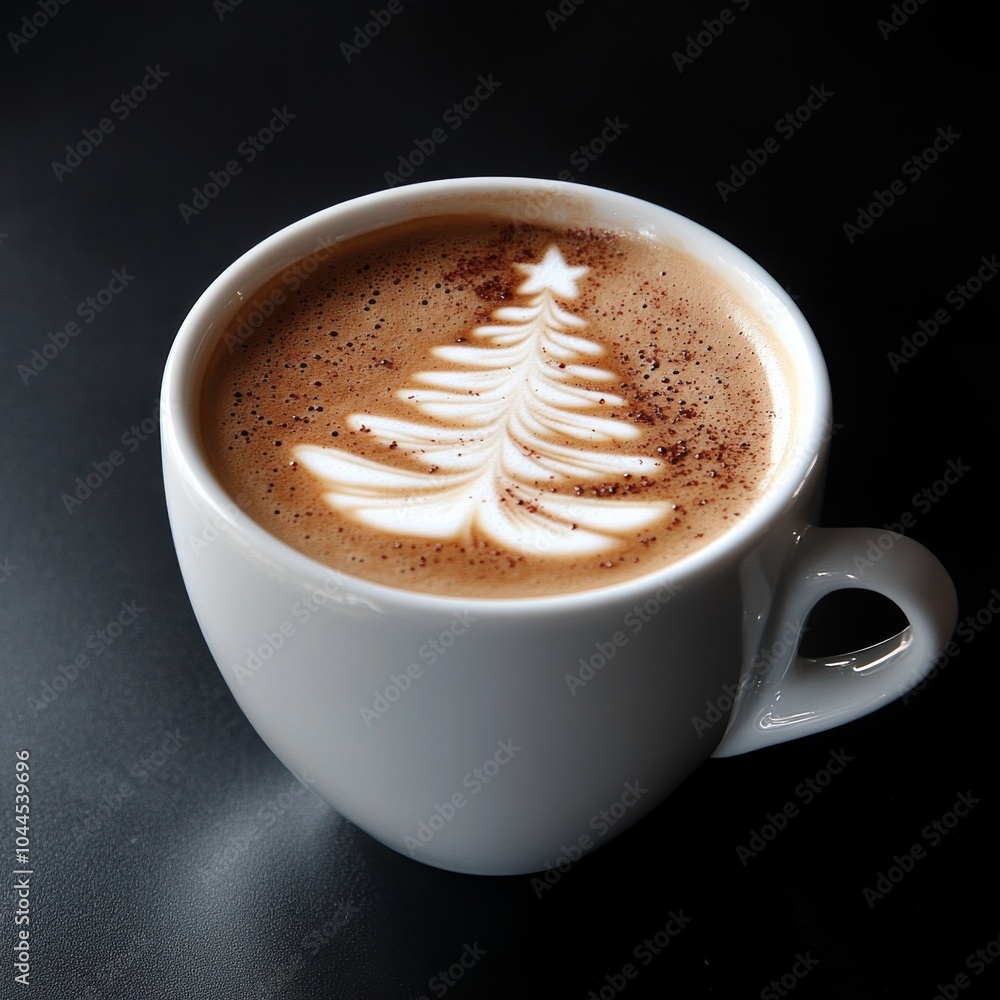 Obraz premium A cup of frothy coffee features intricate Christmas tree latte art, surrounded by warm tones, inviting cozy comfort during the cold holiday season.