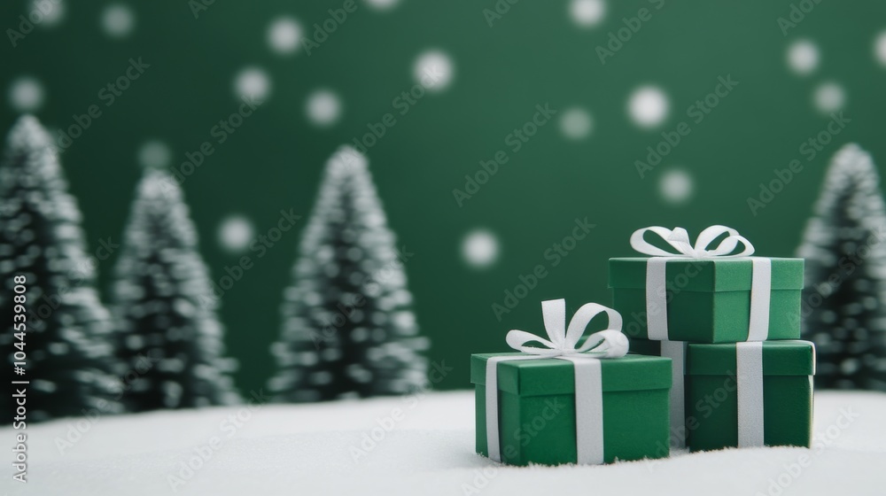 Three green gift boxes with white ribbons sit upon a snowy surface, surrounded by frosted evergreen trees, evoking a serene, festive, holiday atmosphere of giving. Three green gift boxes with white ribbons sit upon a snowy surface, surrounded by frosted evergreen trees, evoking a serene, festive, holiday atmosphere of giving.