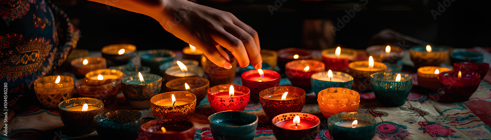 Hands arranging bright candles in a pattern, intimate and traditional Festival of Lights