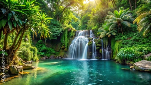 Serene tropical paradise with a cascading waterfall and lush greenery surrounding a tranquil pool Depth of Field