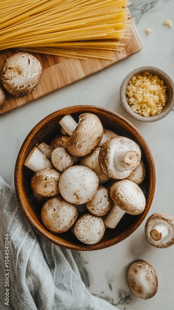 Fresh Mushrooms in Wooden Bowl with Spaghetti and Grated Cheese Fresh Mushrooms in Wooden Bowl with Spaghetti and Grated Cheese
