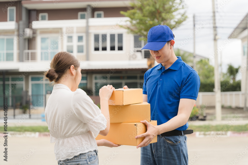 Delivery Service: A friendly delivery driver hands a stack of packages to a customer at their doorstep, capturing the essence of reliable and efficient package delivery. Delivery Service: A friendly delivery driver hands a stack of packages to a customer at their doorstep, capturing the essence of reliable and efficient package delivery.