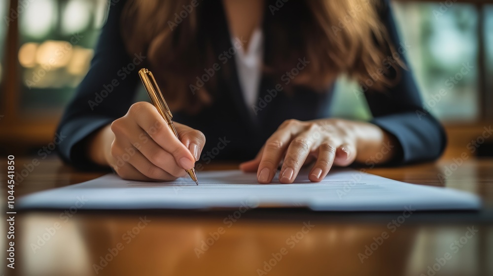 Woman Signing a Document with a Pen Woman Signing a Document with a Pen