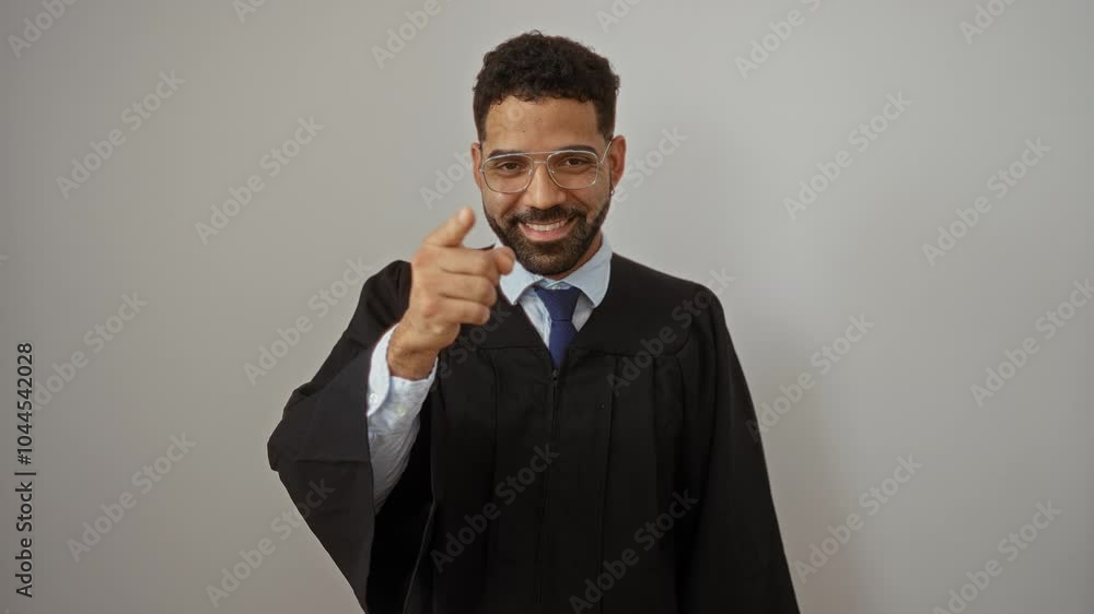Judge in gown, young hispanic man standing and beckoning come here with a happy inviting hand gesture over isolated white background Judge in gown, young hispanic man standing and beckoning come here with a happy inviting hand gesture over isolated white background