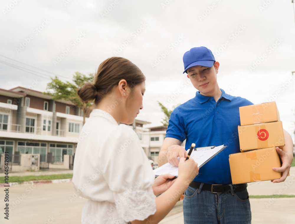 Delivery Confirmation: Customer signing for a package from a friendly delivery person. Focus on efficient and reliable service. Delivery Confirmation: Customer signing for a package from a friendly delivery person. Focus on efficient and reliable service.