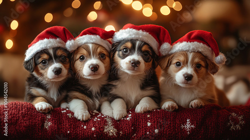 A group of puppies dressed up for the New Year close-up