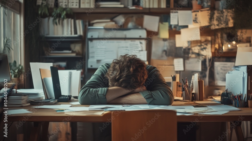 Exhausted Man at Desk, Overwhelmed with Work Exhausted Man at Desk, Overwhelmed with Work