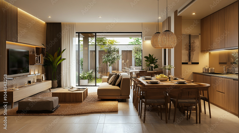 An airy living room showcases a sleek sectional sofa, wooden table, large windows, Minimalist Modern Living Room Interior Design with Wooden Accents. An airy living room showcases a sleek sectional sofa, wooden table, large windows, Minimalist Modern Living Room Interior Design with Wooden Accents.