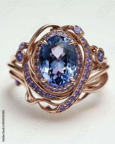 A close-up of a delicate rose gold ring featuring an oval blue topaz gemstone surrounded by smaller purple gemstones.