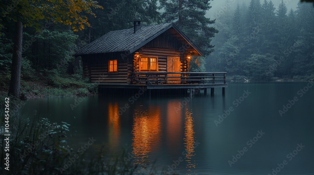 Obraz premium Abandoned Cabin in the woods by the lake, with lights and heavy dark atmosphere
