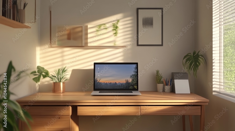 Fototapeta premium Minimalist Home Office Desk Setup with Natural Light