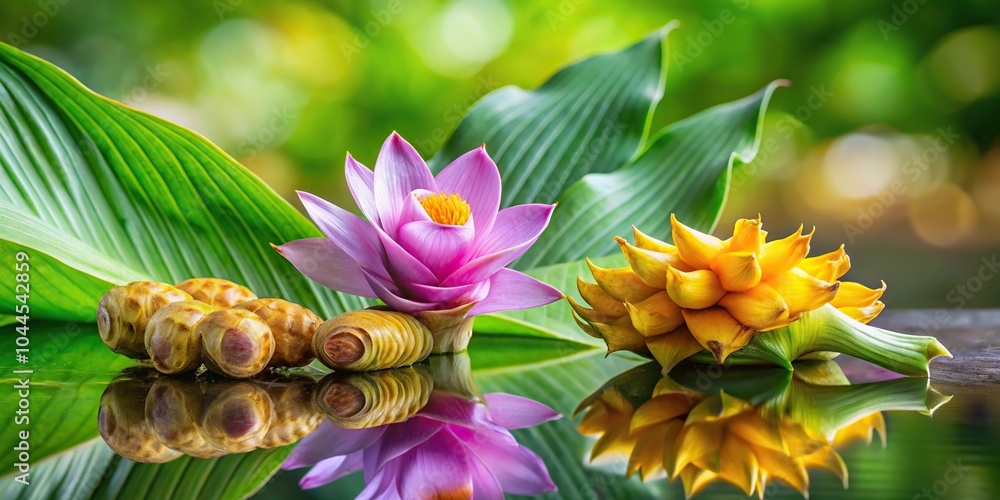Obraz premium Siam Tulip green turmeric cut flower with leaves Curcuma sp tropical ornamental plant reflected