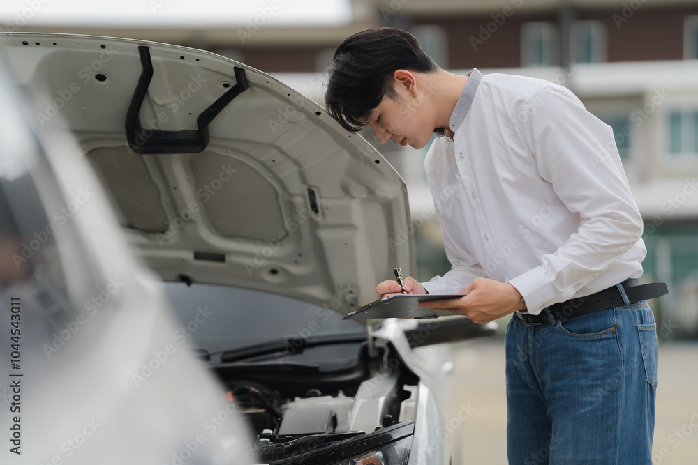 Car Inspection: A young man in a white shirt and blue jeans checks a car engine, looking at a clipboard in his hands. He's focused and attentive as he inspects the vehicle. Car Inspection: A young man in a white shirt and blue jeans checks a car engine, looking at a clipboard in his hands. He's focused and attentive as he inspects the vehicle.