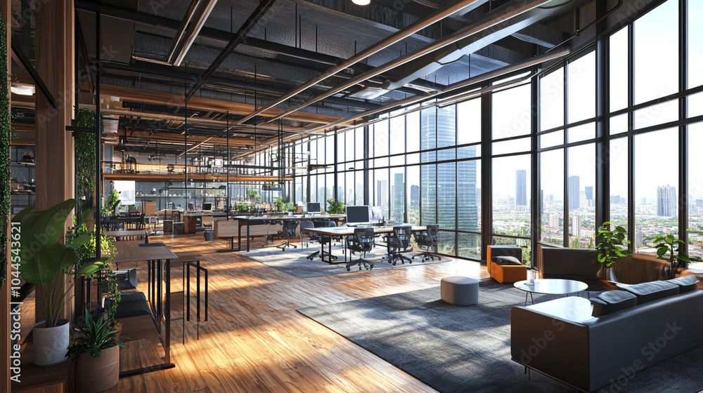 Modern Industrial Interior with Bright Natural Light, the modern elegance of a white open space office interior with this blur focus. Modern Industrial Interior with Bright Natural Light, the modern elegance of a white open space office interior with this blur focus.