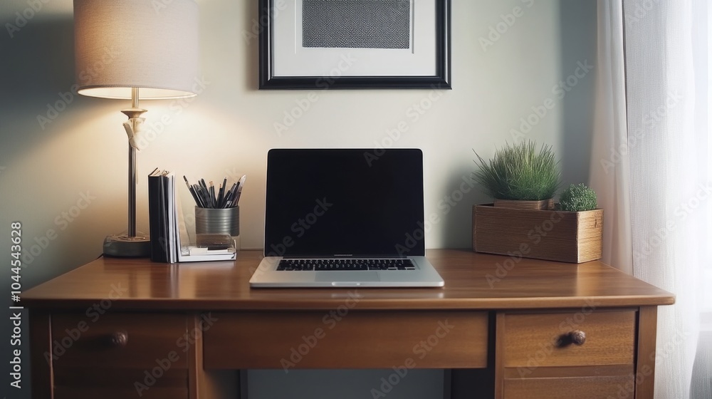 Minimalist Home Office Desk Setup with Laptop and Plant Minimalist Home Office Desk Setup with Laptop and Plant
