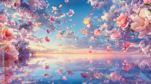 Celestial Petal Canopy Above Serene Mirrored Lake at Sunset