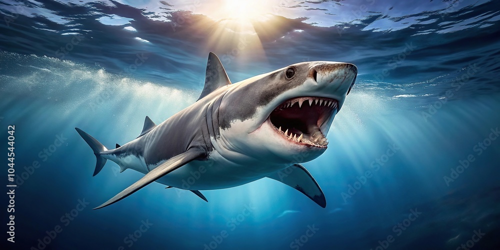 Fototapeta premium Shark swimming with open mouth in deep blue ocean, forced perspective