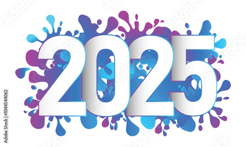 colorful 2025 text for new year. white 2025 letter on colourful paint splash background for website, poster, banner, calendar design element. transparent png and vector illustration.