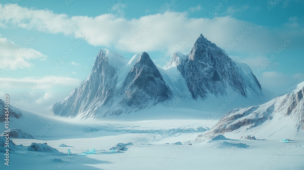 A serene snowy landscape featuring majestic mountains and a glacial foreground under a clear blue sky. A serene snowy landscape featuring majestic mountains and a glacial foreground under a clear blue sky.