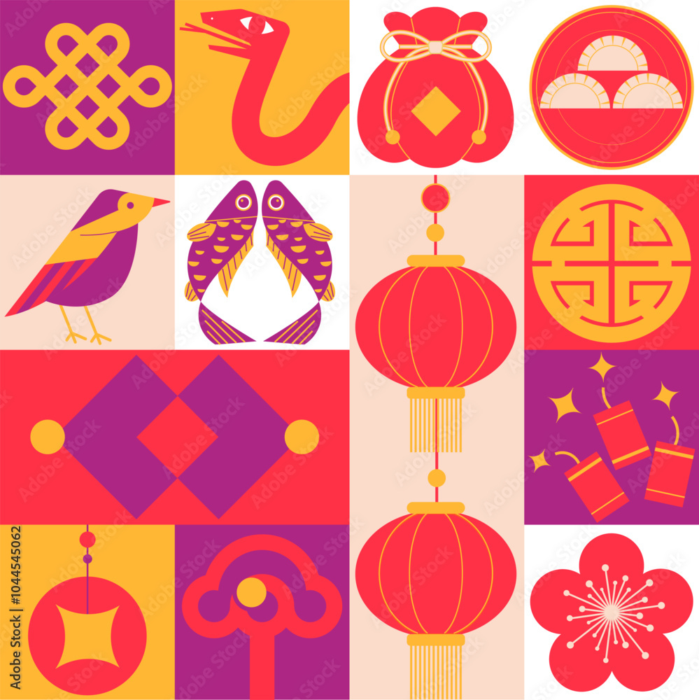 Fototapeta premium Illustration celebrating the Chinese New Year of the Snake, featuring a minimalist decorative style with traditional Chinese cultural elements layout