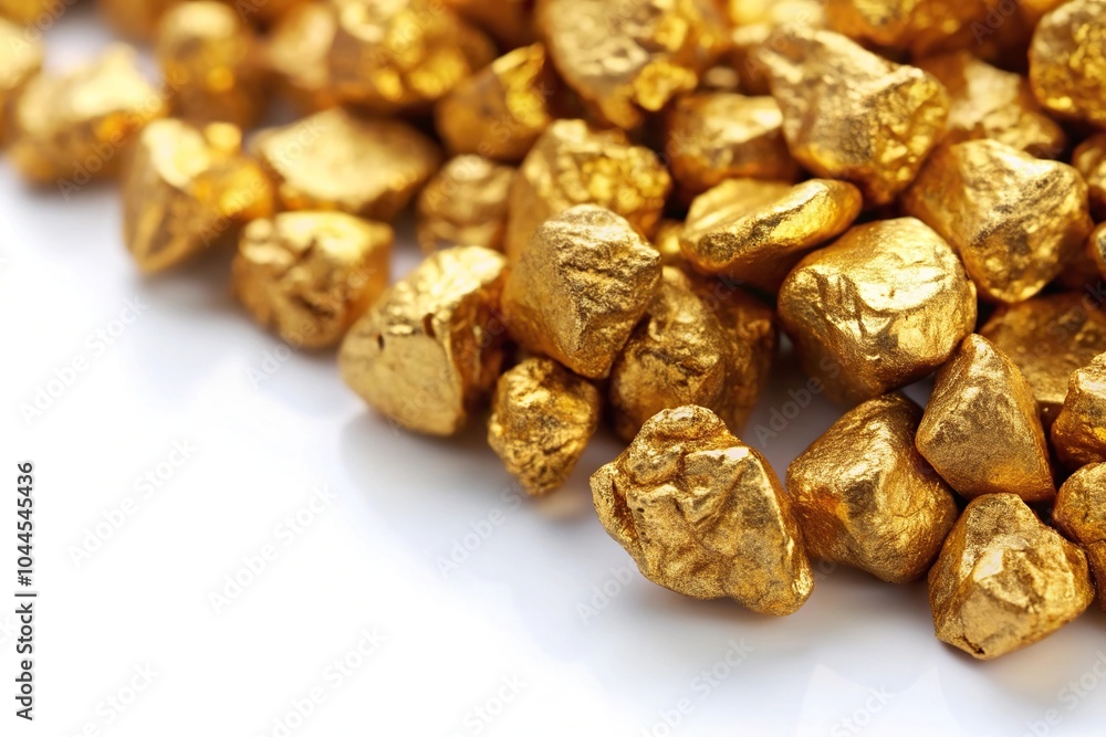 Obraz premium Shimmering gold nuggets on a white background with a tilted angle