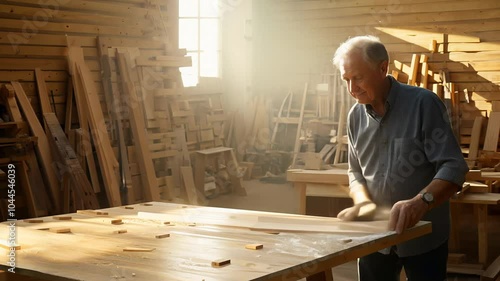 Elderly man working in a sunlit wood workshop, carefully crafting a piece of furniture. video