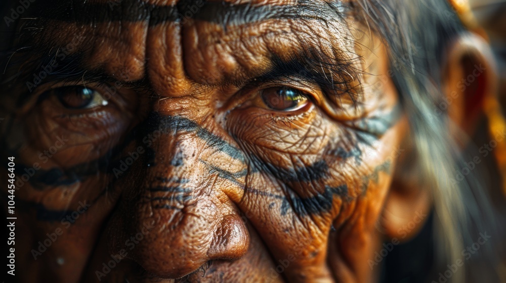 Close up Portrait of Indigenous Person with Facial Tattoos and Wrinkled Skin Close up Portrait of Indigenous Person with Facial Tattoos and Wrinkled Skin