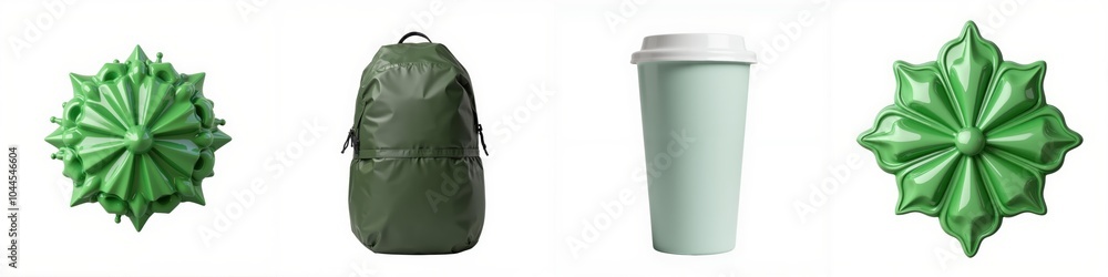 Green backpack, coffee cup, decorative item Green backpack, coffee cup, decorative item