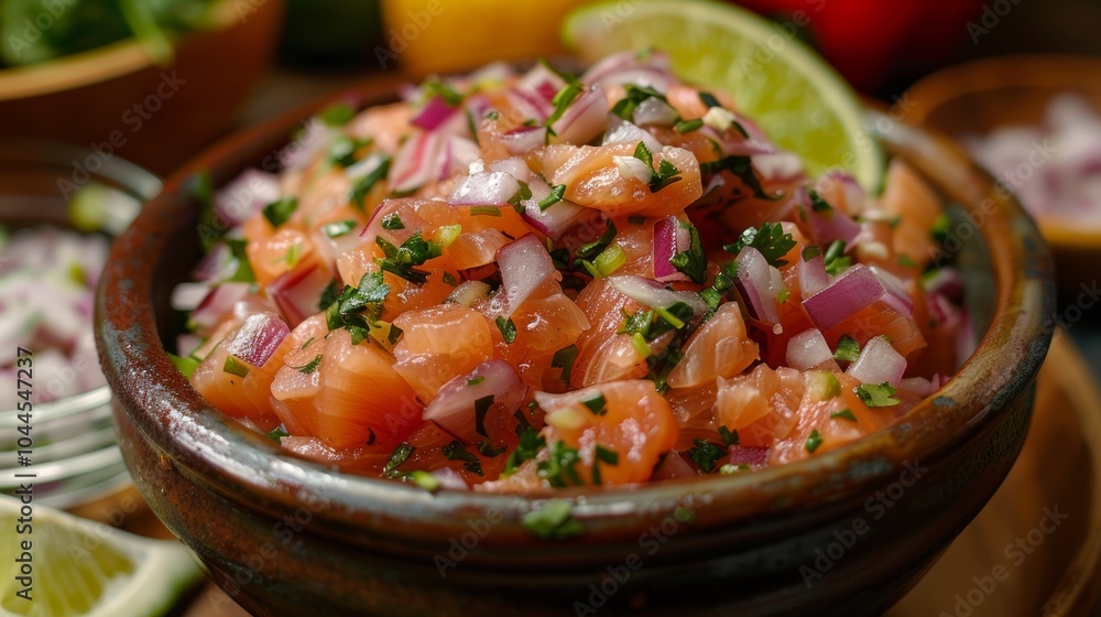 Fresh Salmon Ceviche with Red Onion and Cilantro in Bowl Fresh Salmon Ceviche with Red Onion and Cilantro in Bowl