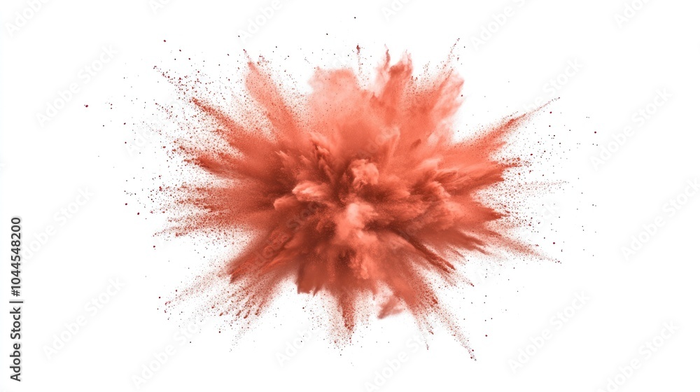 A vibrant explosion of reddish powder against a white background, showcasing color dynamics. A vibrant explosion of reddish powder against a white background, showcasing color dynamics.