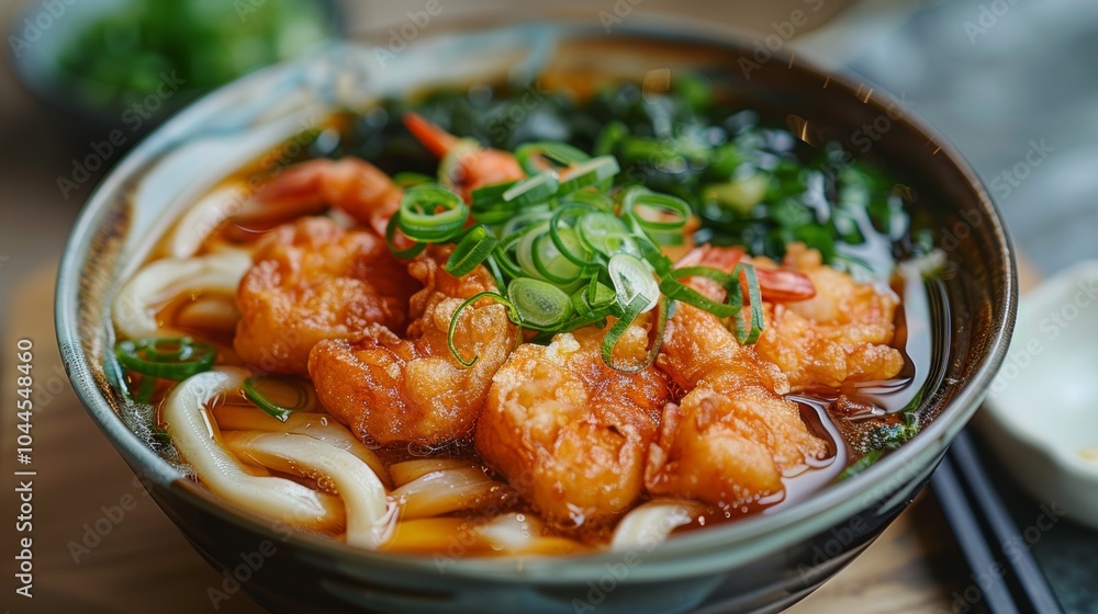 Delicious Japanese Udon Noodles with Tempura Shrimp and Green Onions Delicious Japanese Udon Noodles with Tempura Shrimp and Green Onions