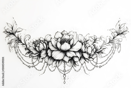 Fototapeta Naklejka Na Ścianę i Meble -  Intricate black ink floral design featuring peonies and delicate chains, showcasing the beauty of nature in artistic form.